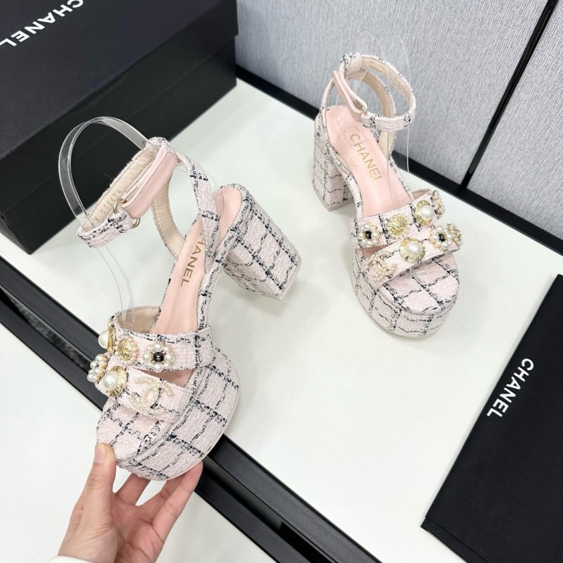 2025 Women Chanel Pink Black Wool Platform Sandals MJ00310