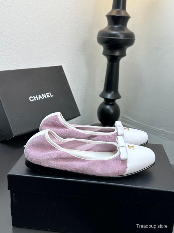2025 Women CHANEL White Purple Leather Bow Ballet Flats Unisex LY00360(F)