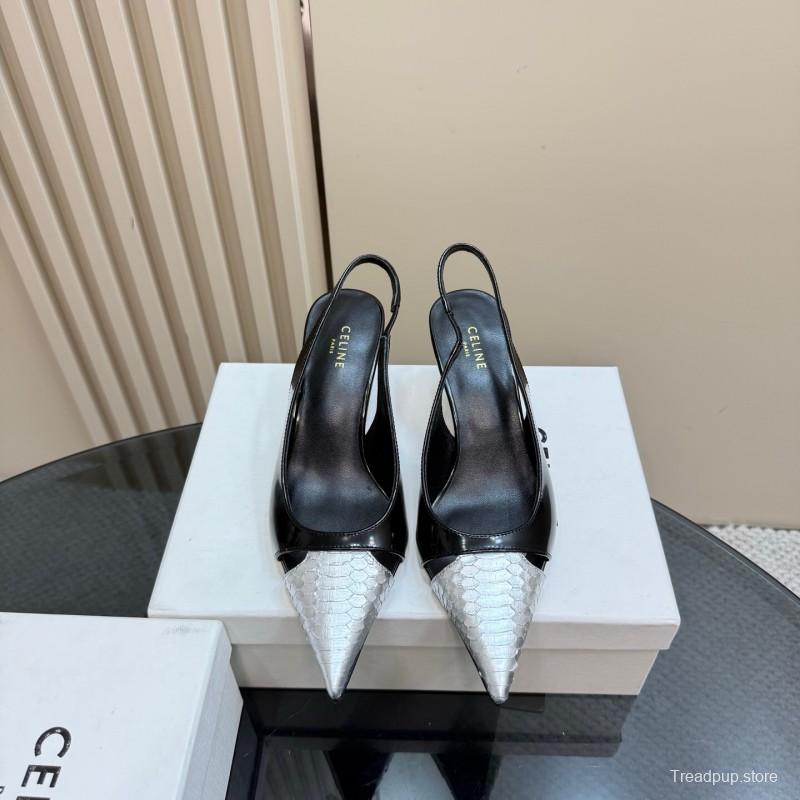 2025 Women CELINE Black White Leather Slingback Heels KFY00310