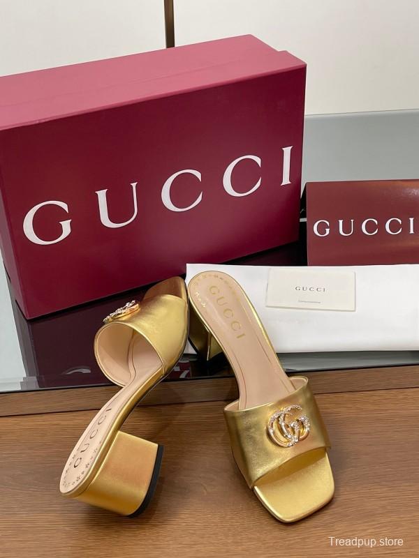 2025 Women Gucci Gold Leather Mules Block Heel