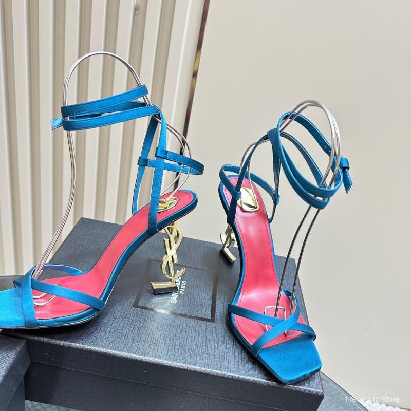 2025 Women Yves Saint Laurent Blue Silk High Heel Sandals KFY00290
