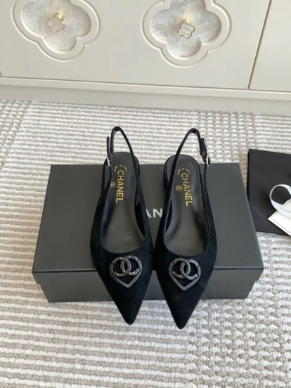 2025 Women Chanel Black Suede Slingback Heart Logo Flats KFY00300
