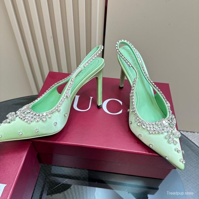 2025 Women Gucci Light Green Satin High Heel Slingback Rhinestone MJ00340