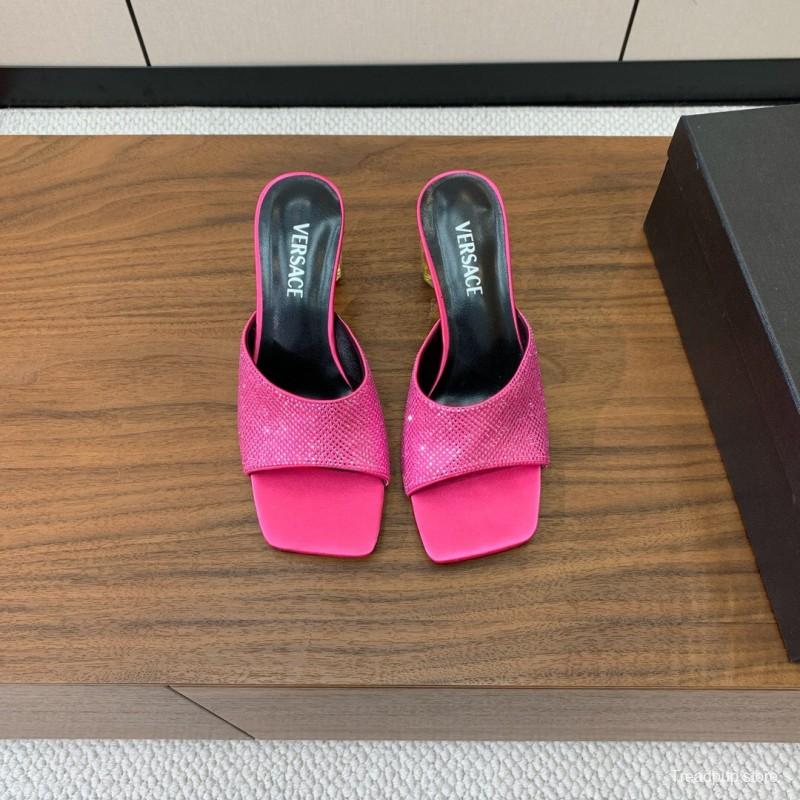 2025 Women VERSACE Pink Silk Leather Mules Crystal Embellishment KFY00300
