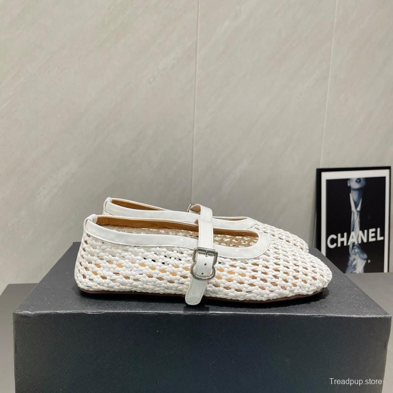 2025 Women Alaïa White Woven Leather Flat Mary Jane Shoes LY00360(F)