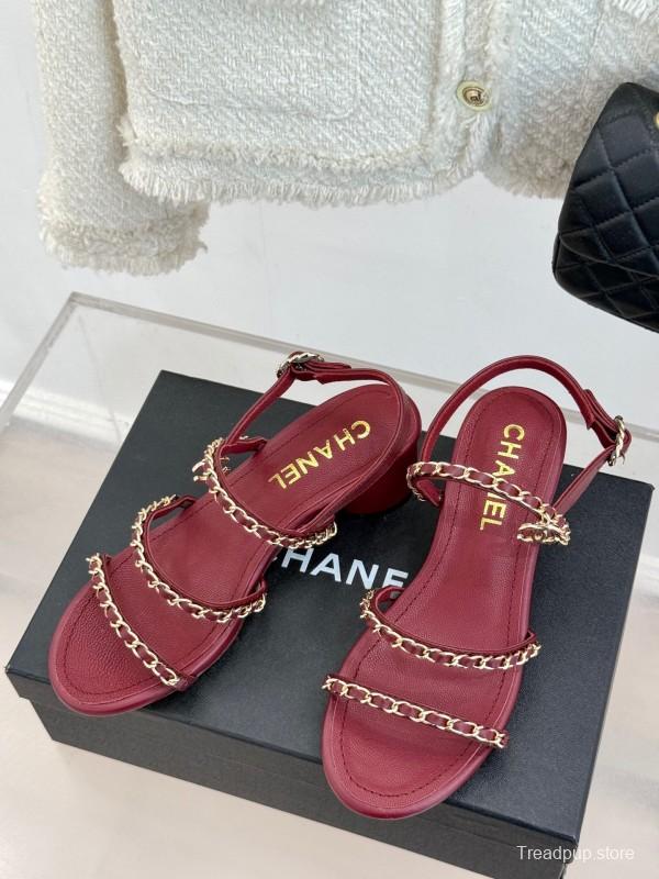 2025 Women Chanel Red Leather Chain Strap Sandals KFY00270