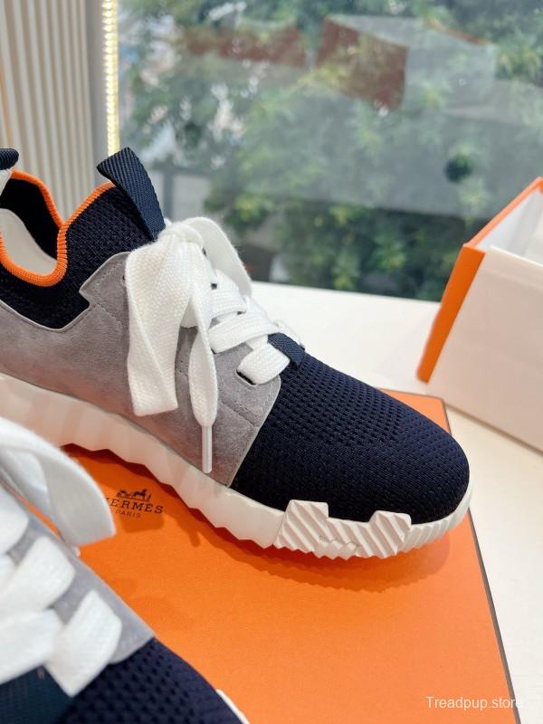 2024 Unisex Hermès blue grey orange knit leather sneakers