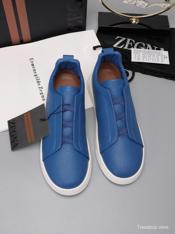 2024 Men Ermenegildo Zegna Blue Leather Low Top Sneakers MJ00240