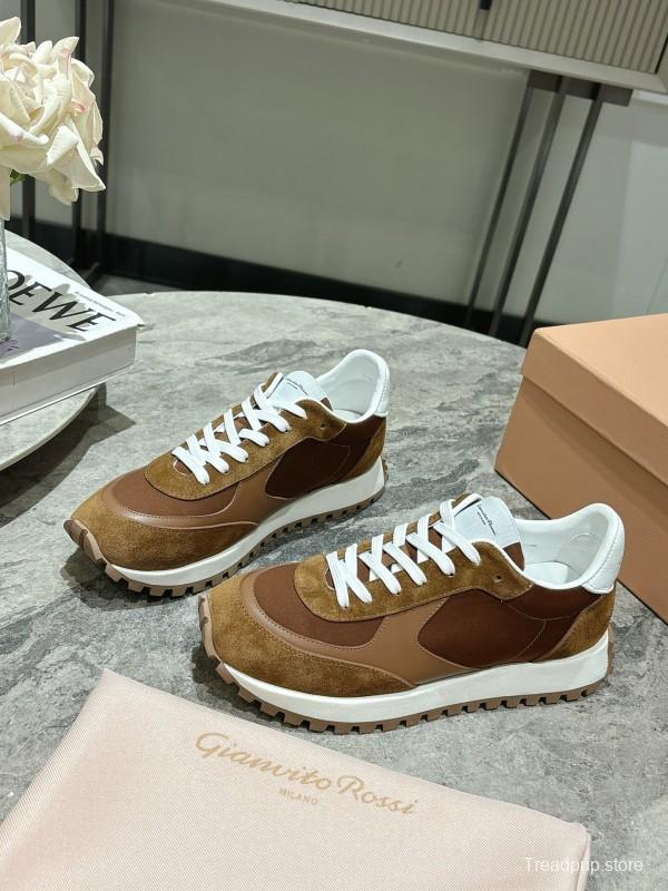 2025 Unisex Gianvito Rossi Brown White Leather Suede Mesh Sneakers KFY00340