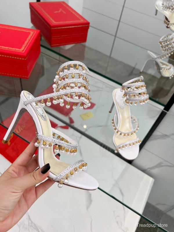 2025 Women RC White Crystal Pearl Leather High Heel Sandals LY00360