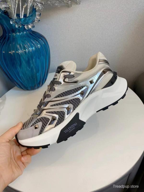 2024 Unisex Valentino White Black Grey Mesh Leather Sneakers MJ00410