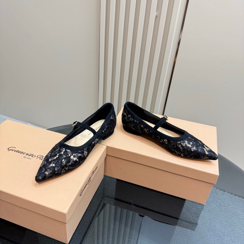 2025 Women Gianvito Rossi Black Lace Leather Mary Jane KFY00260