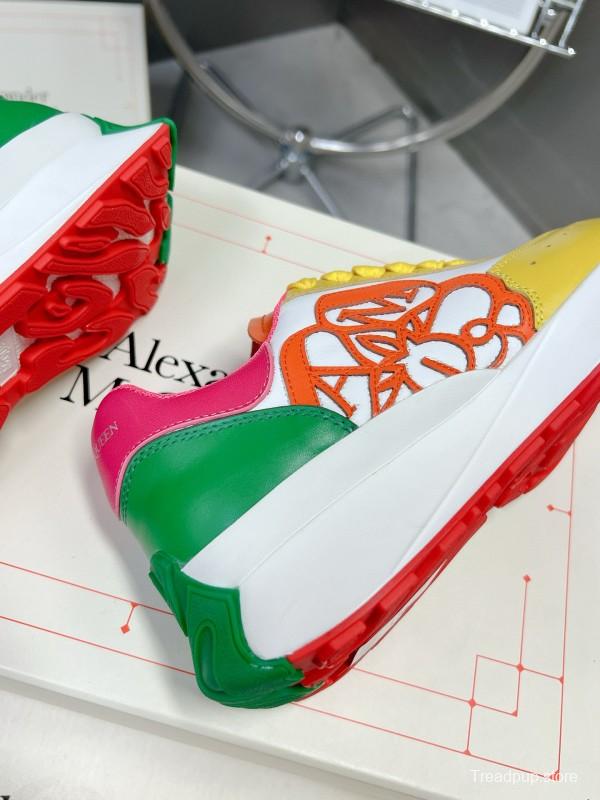 2024 Unisex Alexander McQueen Yellow Green Pink Leather Sprint Sneakers MJ00370