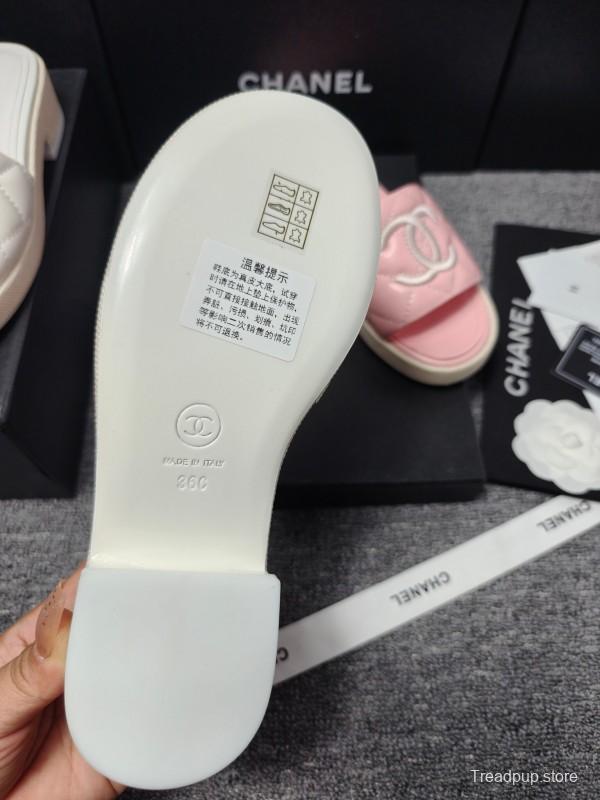 2025 Women Chanel Pink Leather Slippers