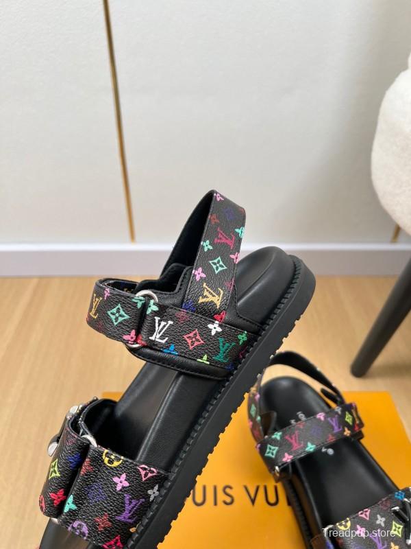 2025 Women Louis Vuitton Black Multicolor Canvas Sandals