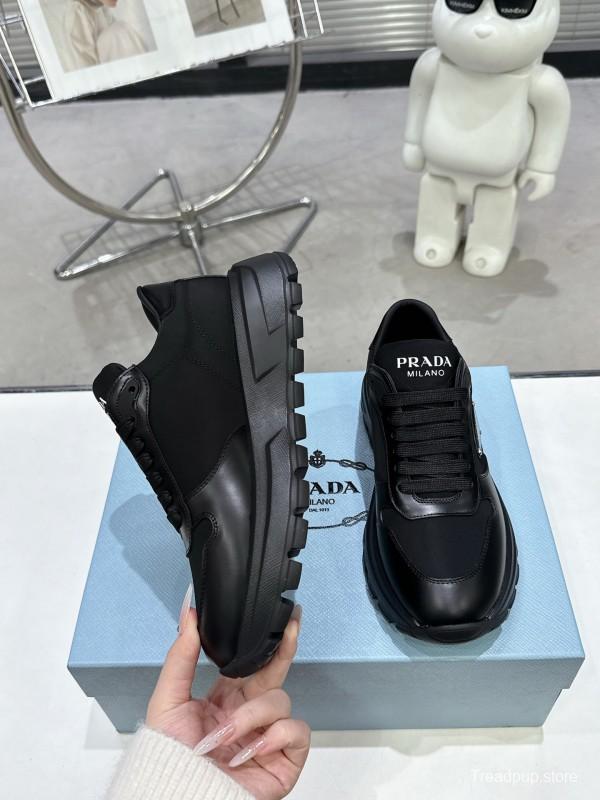 2025 Unisex Prada Black Leather Nylon Sneakers