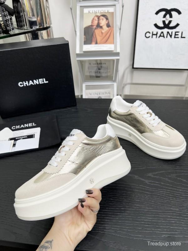 2025 Women Chanel Beige Gold Leather Suede Sneakers LY00290