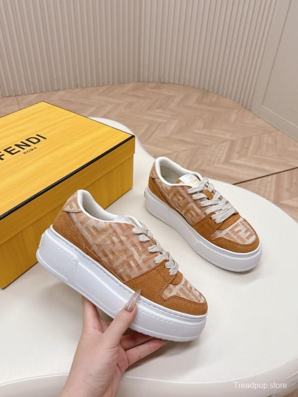 2025 Women Fendi Brown Leather Fabric Sneakers LY00340