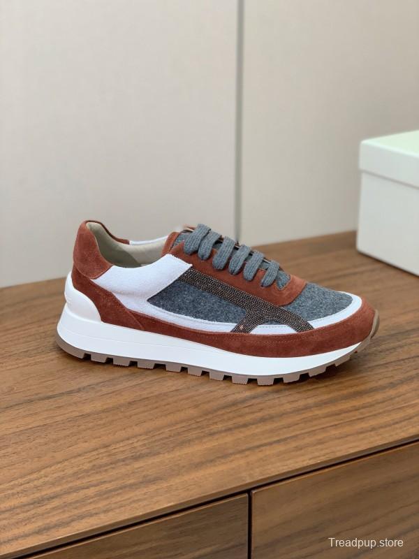 2025 Unisex Brunello Cucinelli Grey Brown White Suede Fabric Sneakers LY