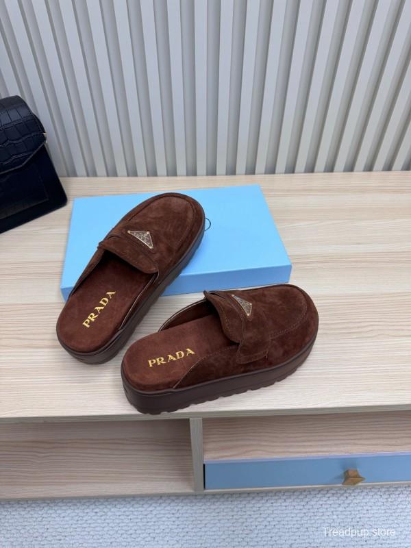 2025 Women Prada Brown Suede Platform Loafers