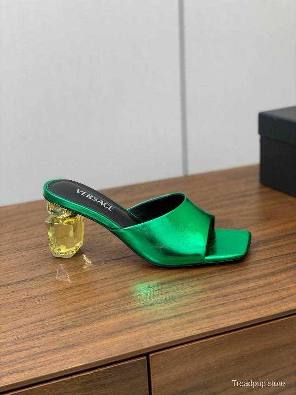 2025 Women VERSACE Green Leather Slippers