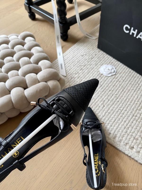 2025 Women Chanel Black Leather Slingback Bowknot Pumps KFY00320