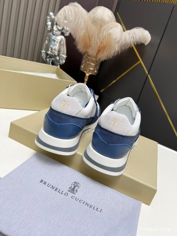 2024 Men Brunello Cucinelli Blue White Suede Calfskin Sneakers MJ00360