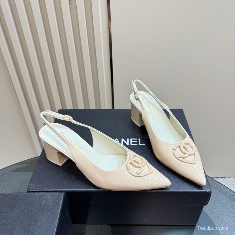 2025 Women Chanel Beige Patent Leather Slingback Heels