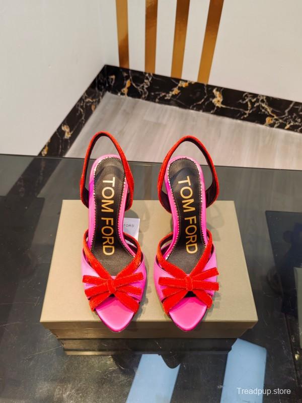 2025 Women TOM FORD Pink Red Velvet Silk High Heel Open Back Sandals