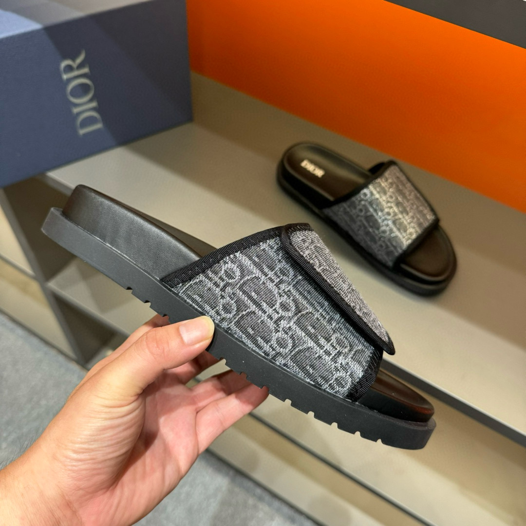 2024 Dior black grey canvas leather Slippers MJ00180