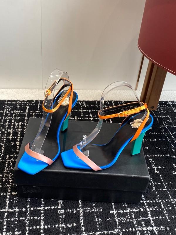 2025 Women Yves Saint Laurent Blue Orange Pink Leather Suede High Heel Sandals