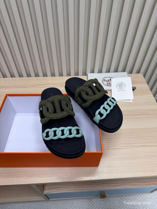 2025 Women Hermès Black Light Blue Leather Slippers