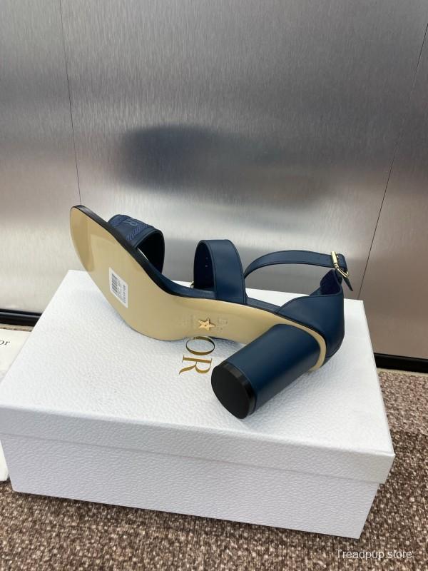 2025 Women Dior Navy Blue Leather Sandals Ankle Strap KFY00310