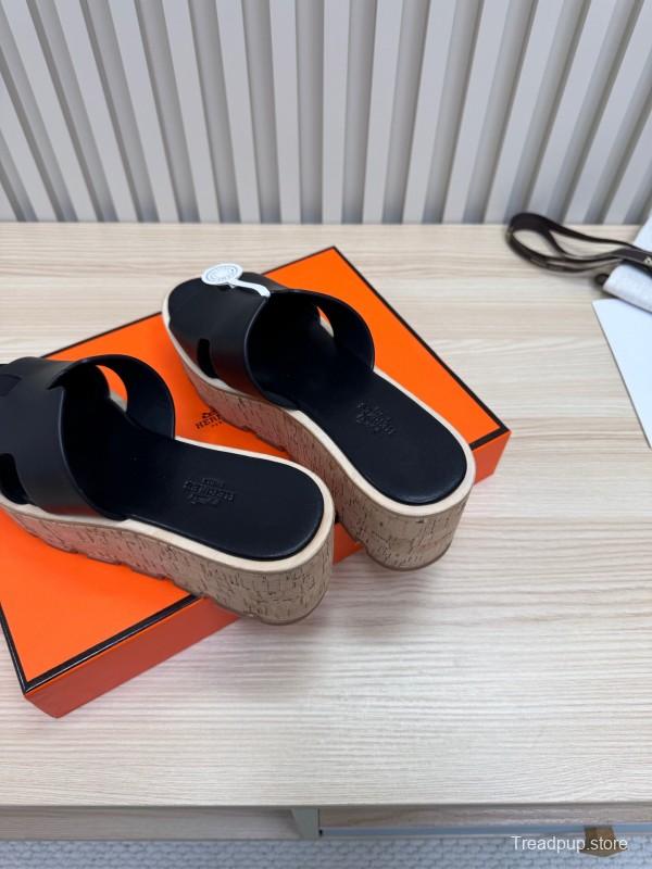 2025 Women Hermès Black Leather Wedge Sandals KFY00280