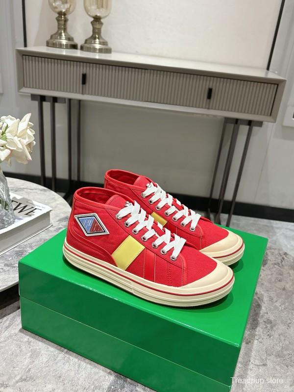2025 Unisex Bottega Veneta Red Yellow Canvas Leather Sneakers Hand Painted KFY00260(F/M)