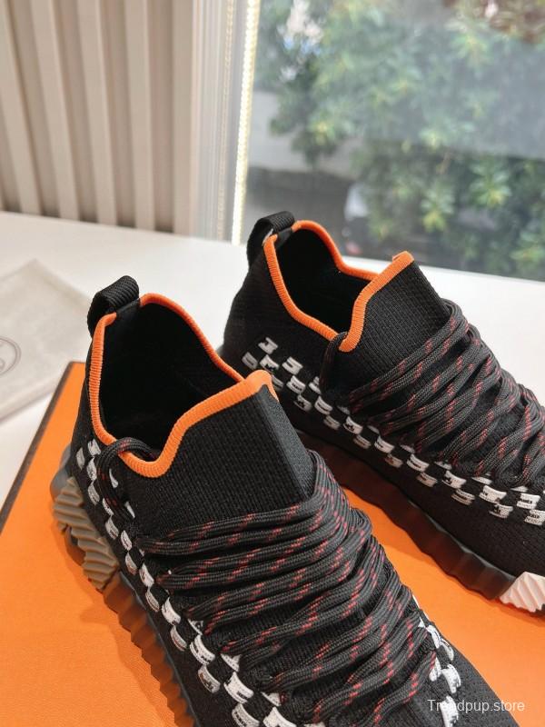 2024 Unisex Hermès Black Orange Calf Suede Knit Sneakers MJ00290(W/M)
