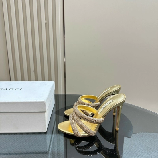 2025 Women Casadei Gold Glitter Leather High Heel Sandals