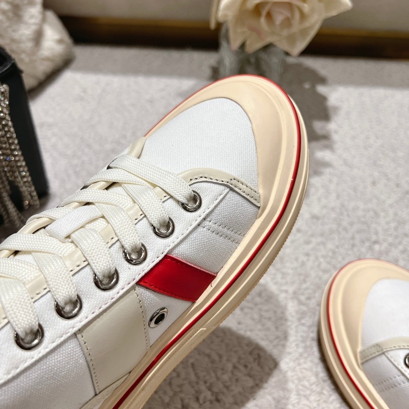 2025 Unisex Bottega Veneta White Red Canvas Leather Sneakers LY00