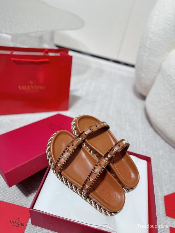 2025 Women Valentino Brown Leather Sandals Braided Rope Sole LY00250
