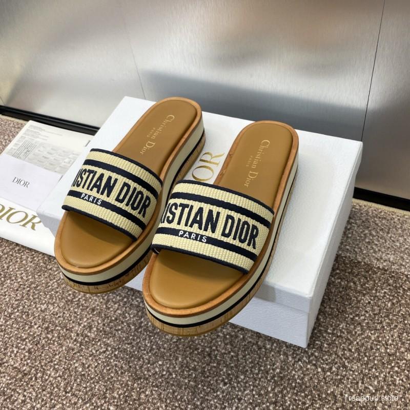 2025 Slippers Dior Beige Navy Canvas Leather Platform CHRISTIAN DIOR CD004