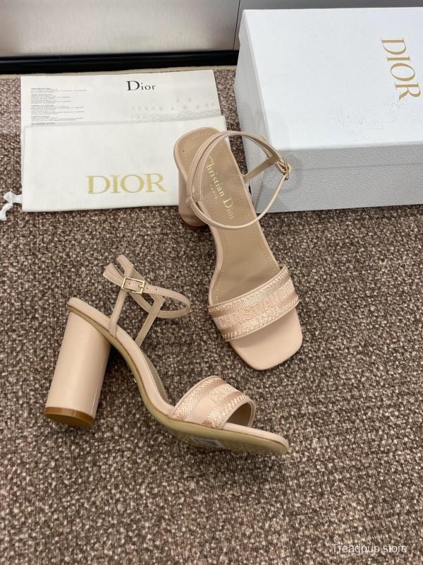 2025 Women Dior Beige Fabric Leather High Heel Sandals