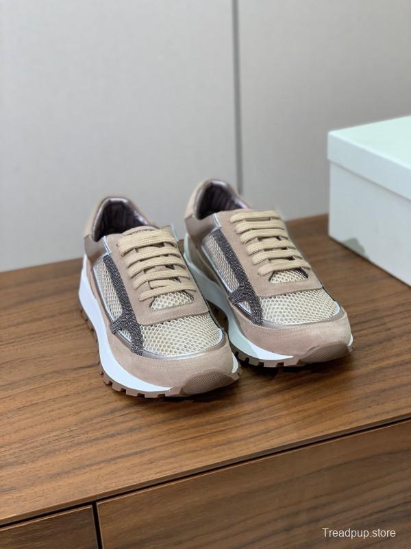 2025 Unisex Brunello Cucinelli Beige Black Mesh Suede Sneakers