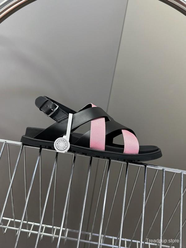 2025 Women Hermès Pink Black Leather Sandals