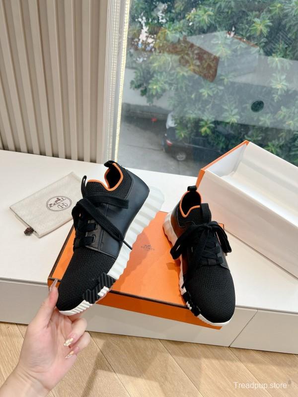 2024 Unisex Hermès Black Orange Knit Sneakers