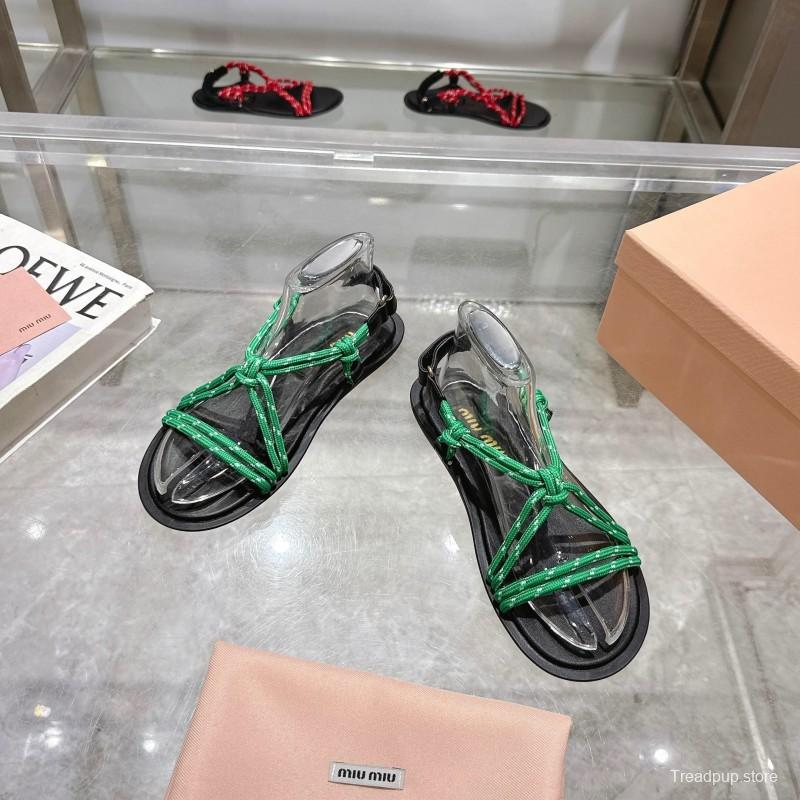 2025 Women Miu Miu Green Black Rope Leather Sandals