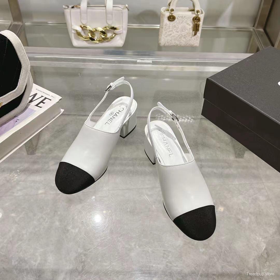 2025 Women Chanel White Black Leather Slingback Sandal LY00300