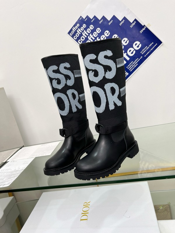 2024 Women Dior black leather knit fabric boots MJ00350