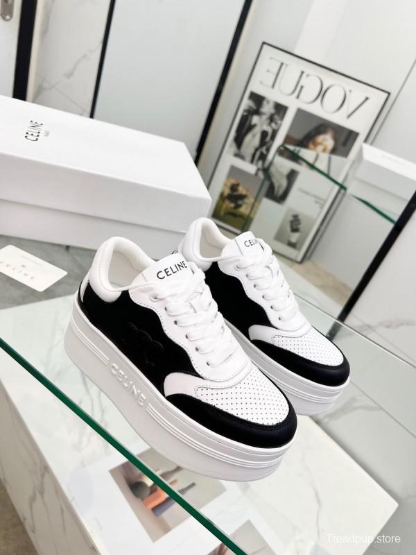 2025 Women Celine Black White Leather Platform Sneakers Block Triomphe LY00270