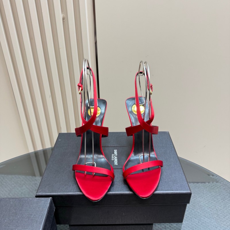 2025 Women Yves Saint Laurent Red Silk Wedge Sandals Elegant Craftsmanship LY00360(F)