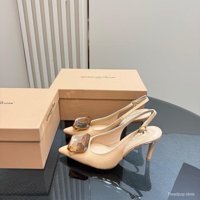2025 Women Gianvito Rossi Beige Patent Leather Slingback High Heel Gemstone KFY00300